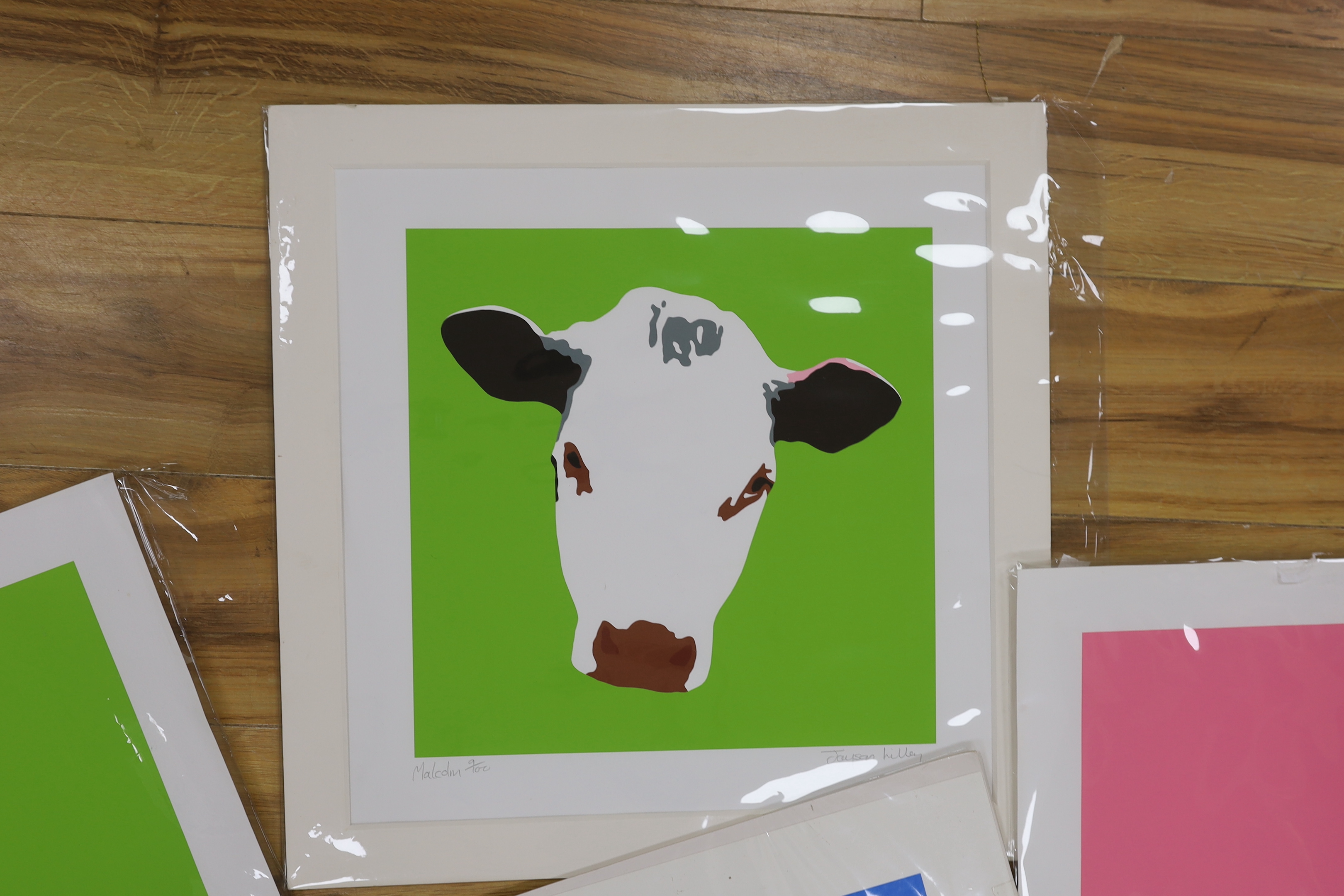 Jayson Lilley (b.1972), set of five contemporary colour screenprints, Cows including 'Mooocow Green' limited edition 59/99, and 'Isobel', limited edition 8/100, each signed in pencil, each 50 x 50cm, unframed